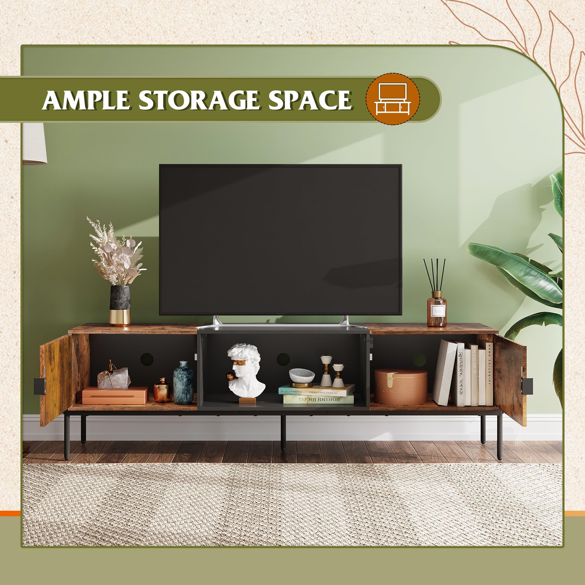 WLIVE 65 Inch Modern TV Stand - Mid Century Entertainment Center with Storage, Open Shelf & 2 Cabinets - Rustic Brown TV Console with Metal Legs for Living Room & Bedroom - Perfect for Home Theater Setup & Media Organization