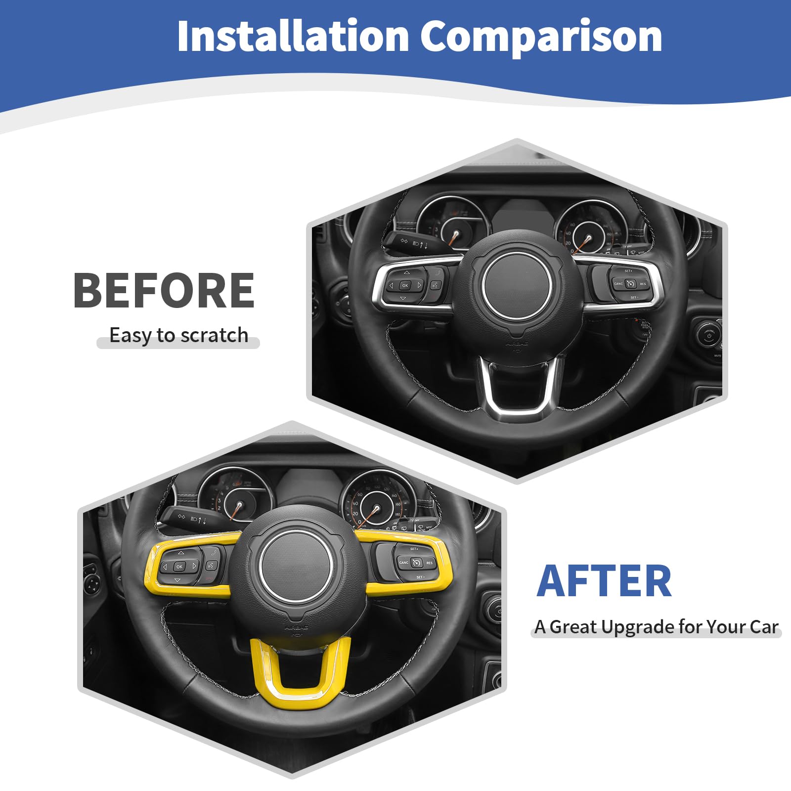 RT-TCZ Yellow Steering Wheel Trim Panel Decal for Jeep Wrangler JL/JLU (2018+) & Gladiator JT (2020+) - 3pc Interior Accessories Kit - Enhance Your Jeep's Yellow Interior Style for Off-Road & Daily Driving