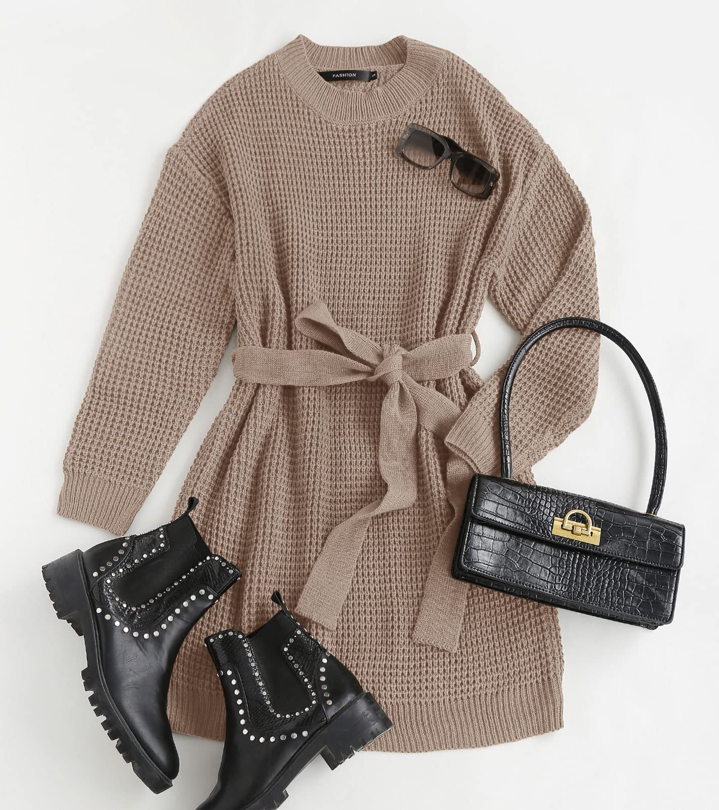 ZESICA Women's Long Sleeve Waffle Knit Tie Waist Tunic Sweater Dress - Fall Winter Pullover for Casual Outings, Office Wear & Holiday Outfits