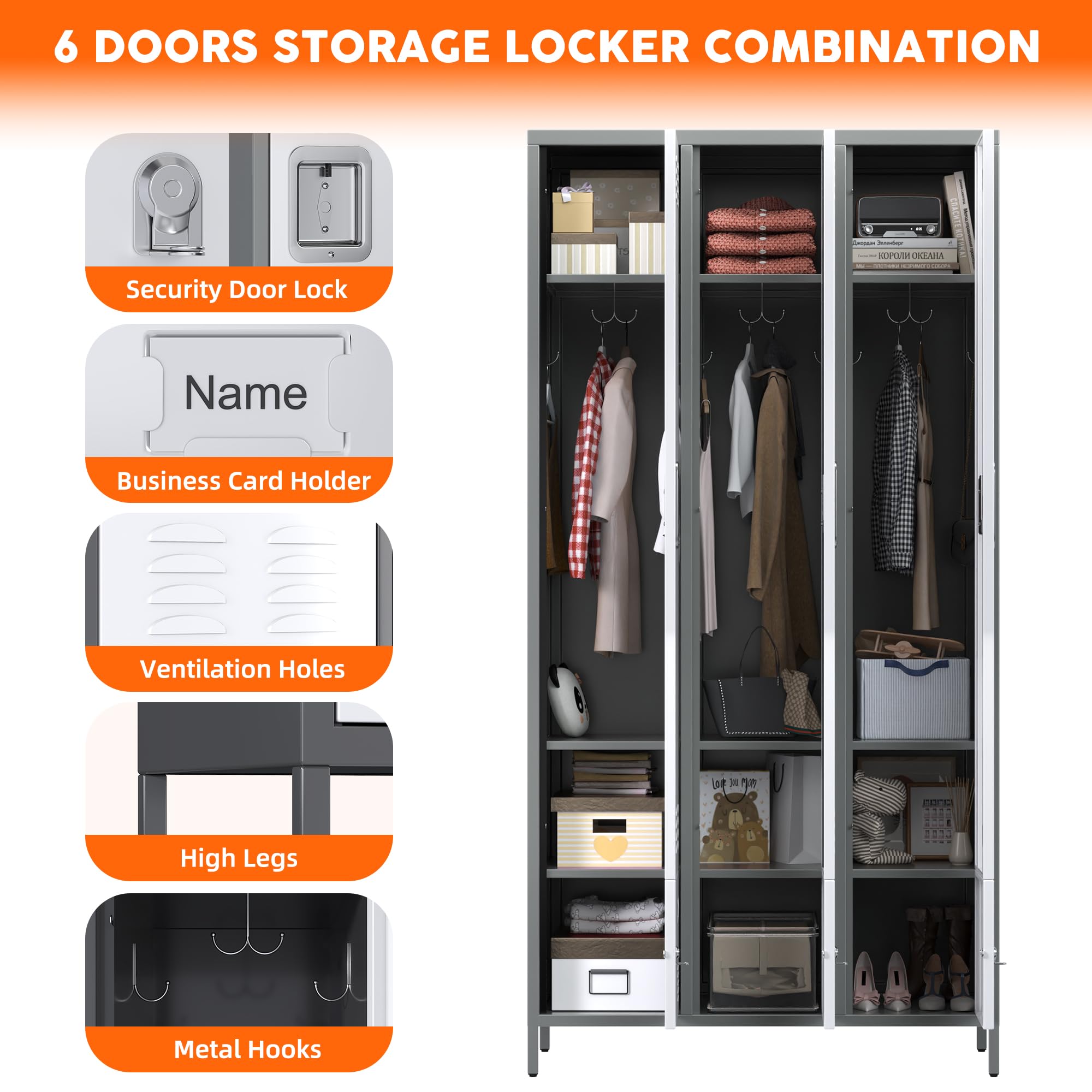 Aobabo Heavy Duty Metal Storage Locker with 9 Hooks - 6-Door Combination Lock Cabinet for Office, Gym, Bedroom & Dormitory (Grey & White) - Perfect for Employee Storage, Sports Gear Organization & School Locker Room - Assembly Required