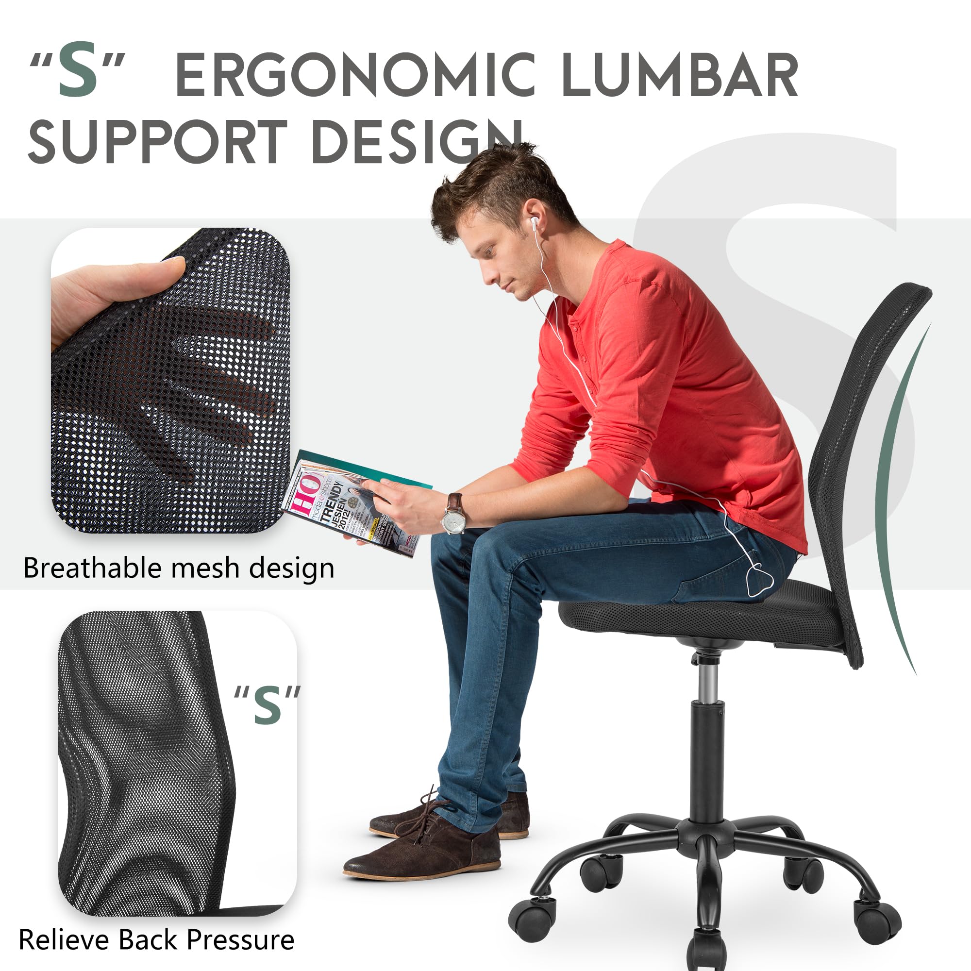 Ergonomic Mesh Office Chair with Lumbar Support - Adjustable Swivel Rolling Computer Desk Chair for Home & Office - Modern Executive Mid Back Design (Black) - Perfect for Long Work Hours, Gaming & Study Sessions
