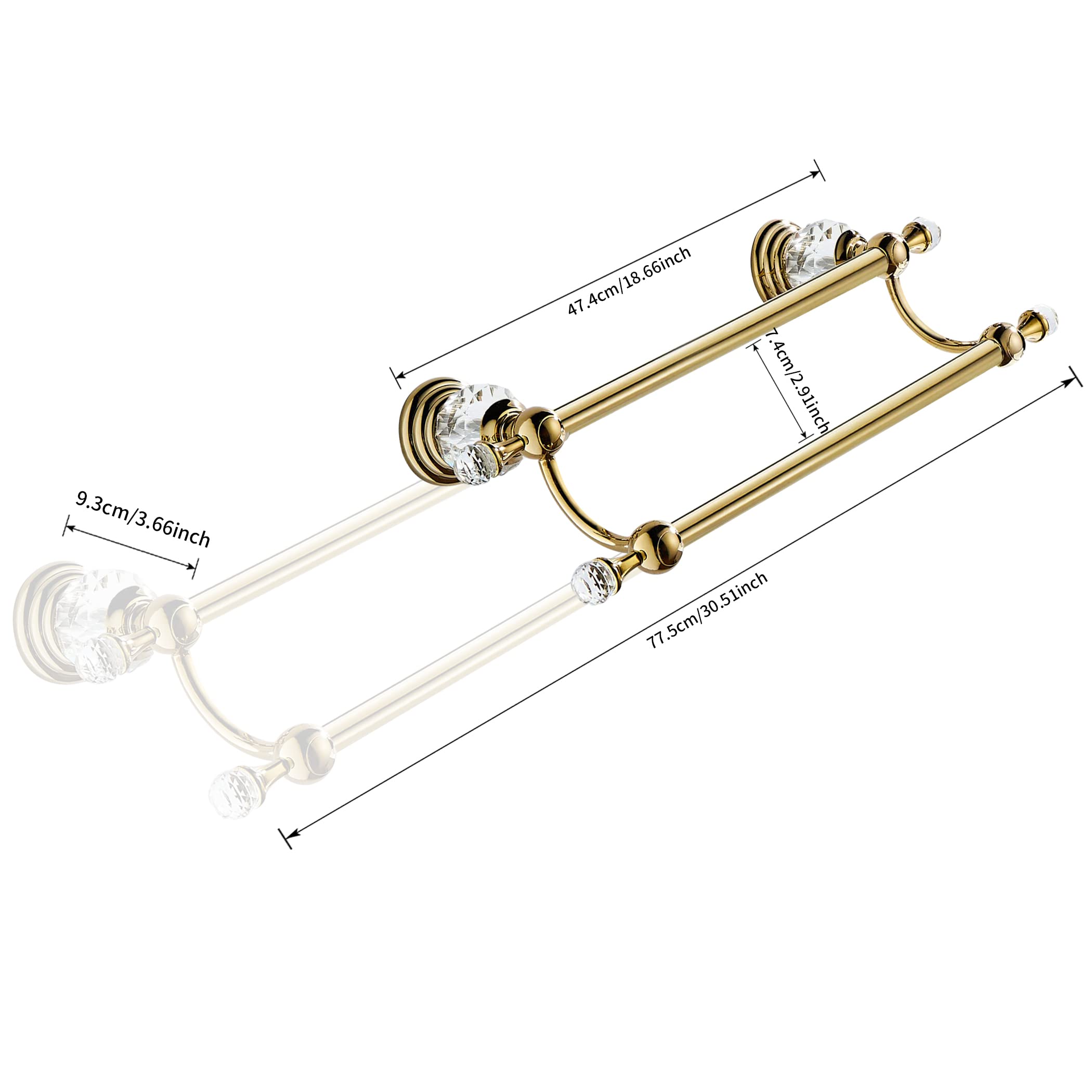 WINCASE Adjustable Gold Towel Bar 18-30 Inch - Crystal Double Towel Holder for Bathroom Wall Mount - Perfect for Spa, Hotel & Luxury Home Decor