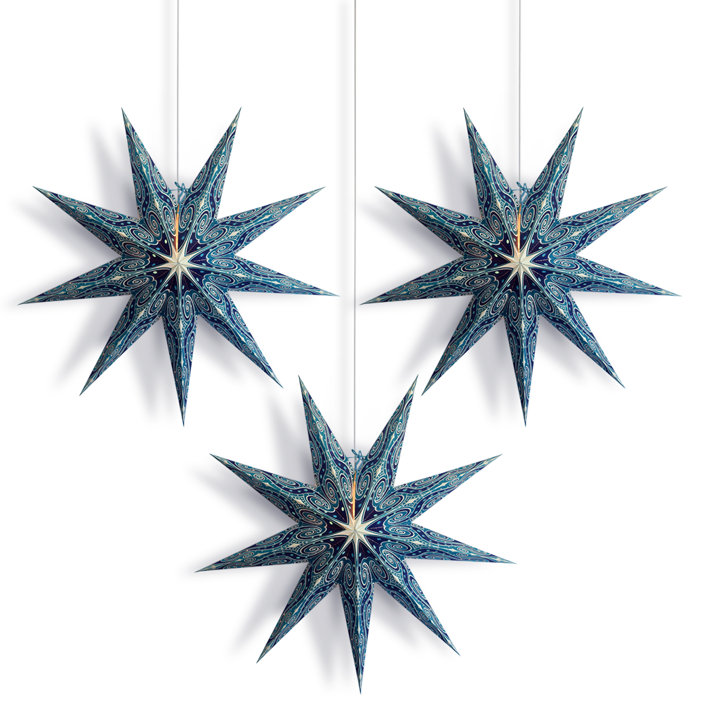 3 Pack Turquoise Blue Mouri Glitter 24 Inch LED Star Lanterns - 9 Point Illuminated Paper Decor with Light Cord Included | Perfect for Christmas, Party, Wedding & Home Decoration