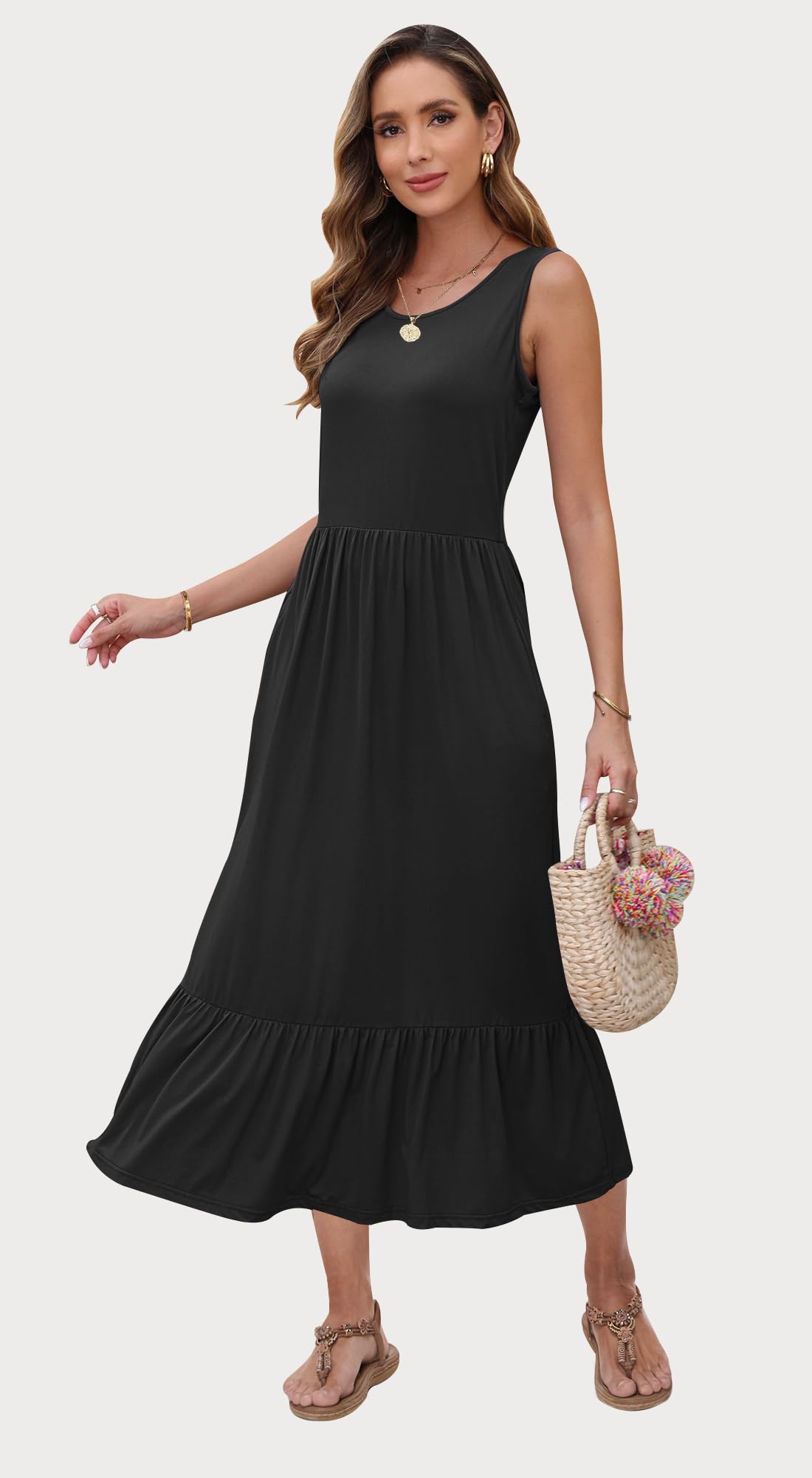 AUSELILY Women's Summer Maxi Dress 2025 - Sleeveless Flowy Tiered Sundress with Pockets, Casual Crewneck Beach Dress for Vacation, Party & Outdoor Activities
