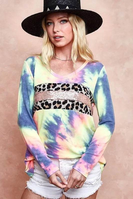 BiBi Tie Dye Deep U Neck Top with Leopard Print & Sequins - Trendy Women's Fashion Top for Parties, Night Out & Festival Wear