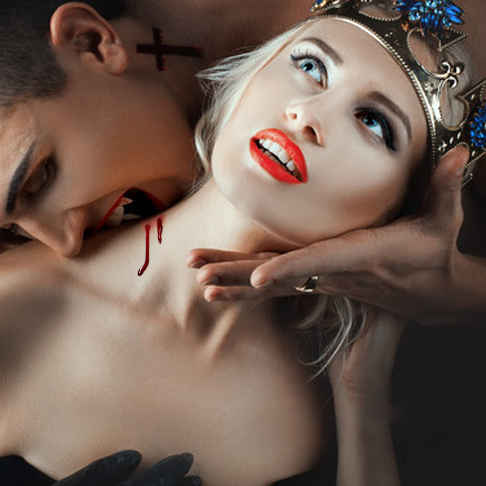 Vampire Fangs Teeth Set with Adhesive & Fake Blood - 4 Pairs in Different Sizes, Black Lipstick & Edible Blood for Halloween Costumes, Cosplay, Horror Parties and Theatrical Makeup