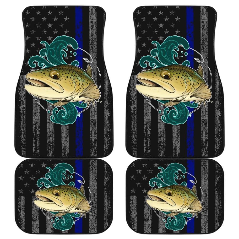 Premium Brook Trout Fishing & Thin Blue Line American Flag Car Floor Mats - All-Weather Protection for Trucks, SUVs & Vehicles - Perfect for Outdoor Enthusiasts & First Responders