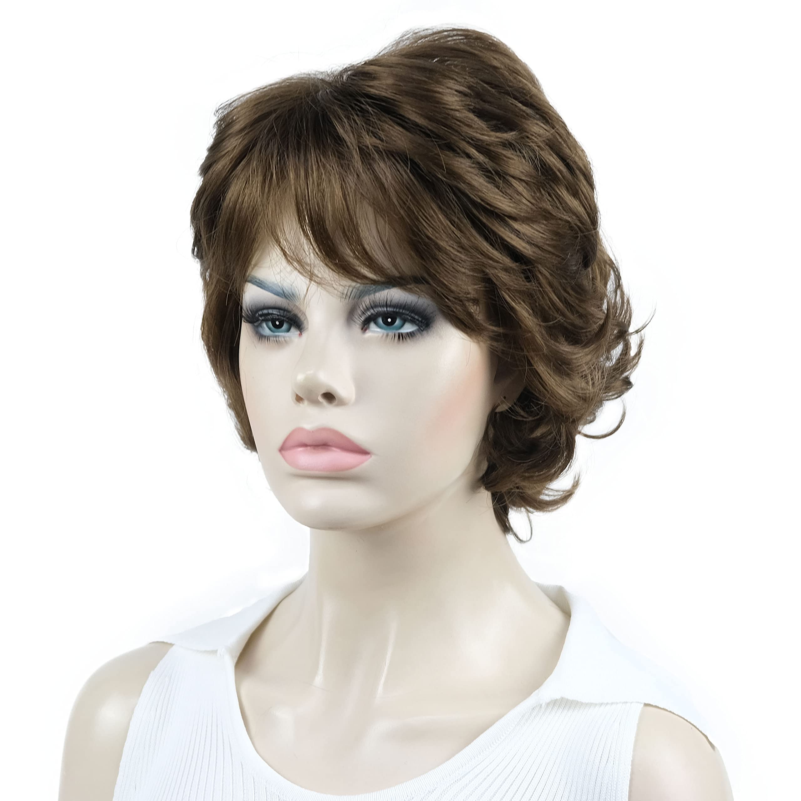 Aimole Short Curly Synthetic Wig for Women - Medium Golden Brown Layered Bangs Wig | Heat Resistant & Natural Look | Perfect for Cosplay, Daily Wear & Halloween Costumes