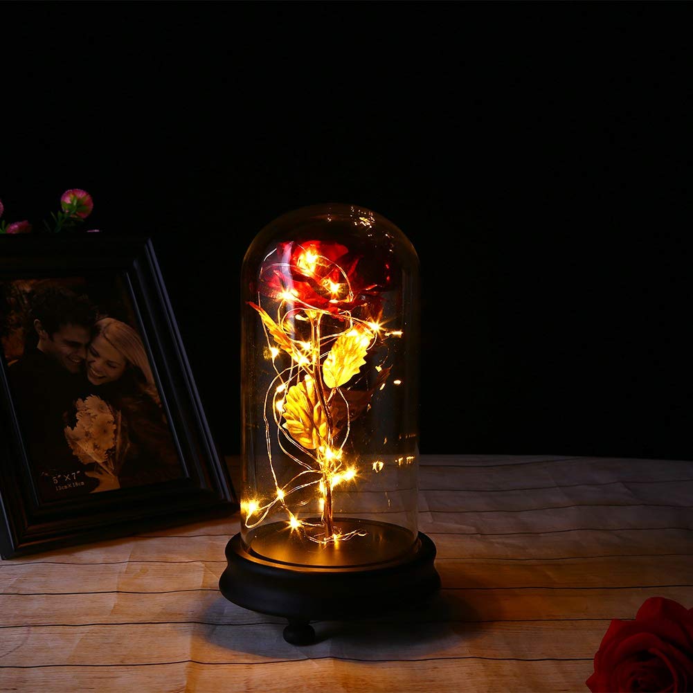 24K Gold Rose Galaxy Flower in Glass Dome with LED Light - Romantic Gift for Wedding, Valentine's Day, Mother's Day, Christmas | Perfect for Anniversary, Birthday & Home Decor