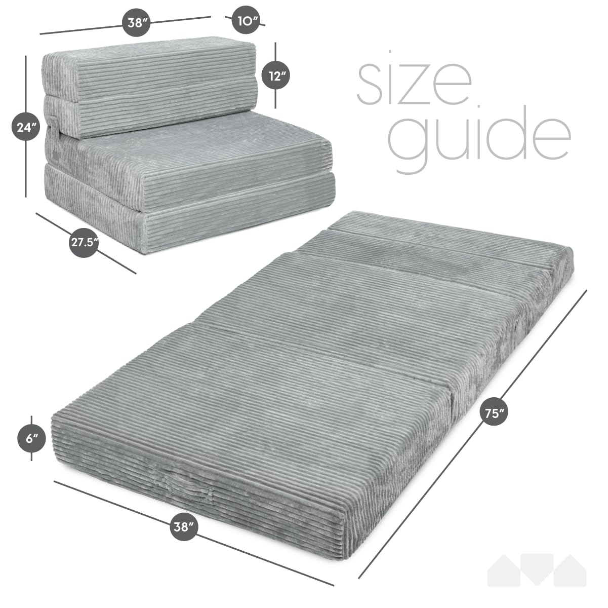 Milliard 2024 Tri-Folding Sofa Mattress - Twin Size Memory Foam Foldable Bed with Ultra Soft Washable Ribbed Fur Cover (Grey) - Perfect for Guest Beds, Dorm Rooms, Small Apartments & RV Camping