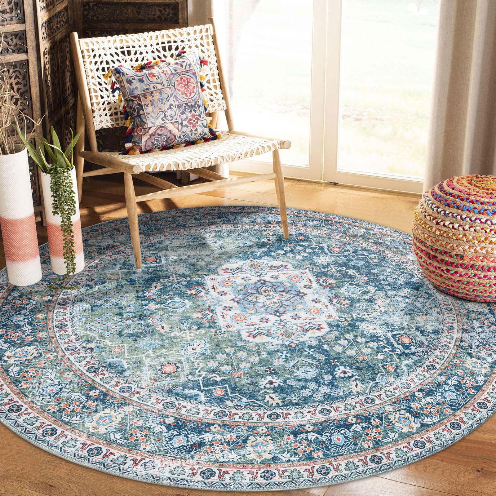 DECOMALL Kalina Washable Area Rugs - Bohemian Vintage Foldable Carpet for Living Room, Bedroom, Dining Room & Kitchen - 6'x6' Green Rug - Perfect for Boho Home Decor, Apartment Flooring & Cozy Spaces