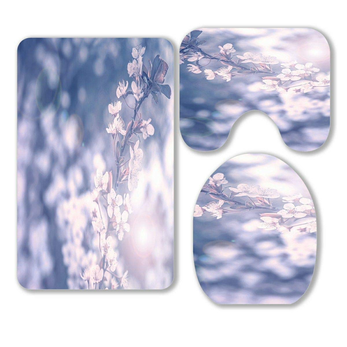 ECZJNT Cherry Blossom Bathroom Rug Set - 3 Piece Spring Floral Bath Mat, Contour Mat & Toilet Lid Cover - Soft Non-Slip Bath Rugs for Home Decor, Master Bath & Guest Bathroom