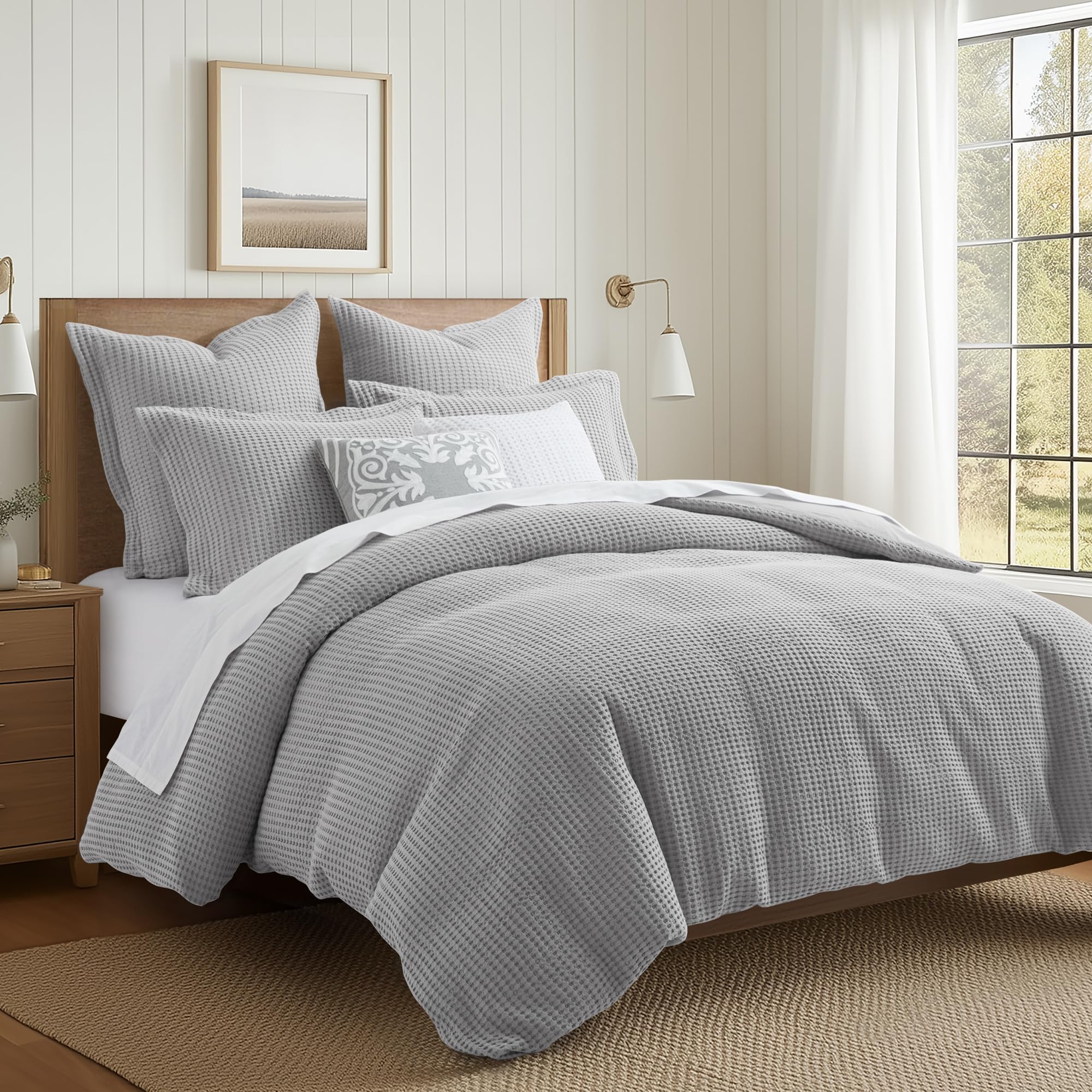 Levtex Home Mills Waffle Grey Pewter Duvet Cover Set - Full/Queen Size (90