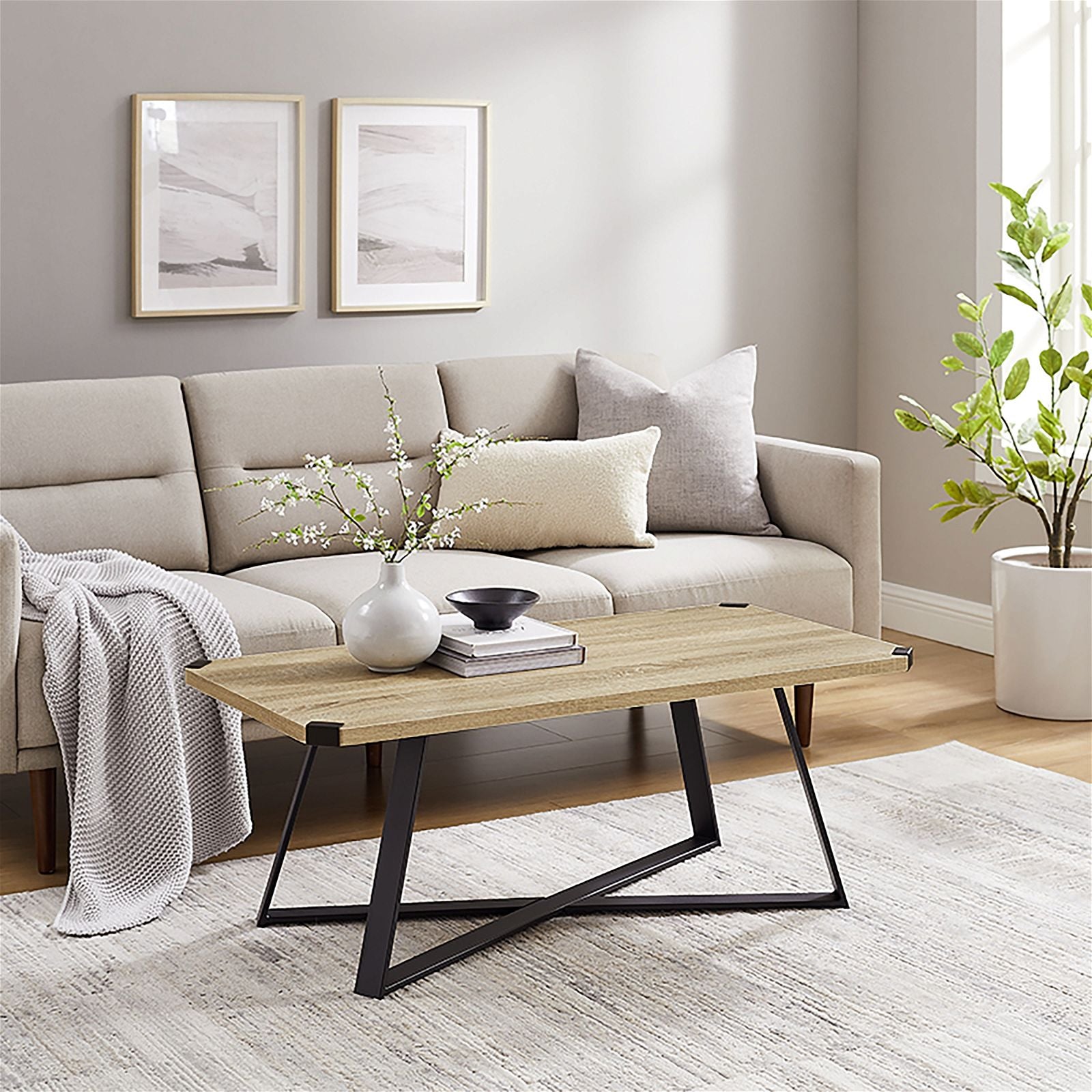 Criterionâ¢ 43-Inch Capri Coffee Table with Black Metal Legs & Oak Top - Modern Living Room Center Table for Home Decor & Entertaining