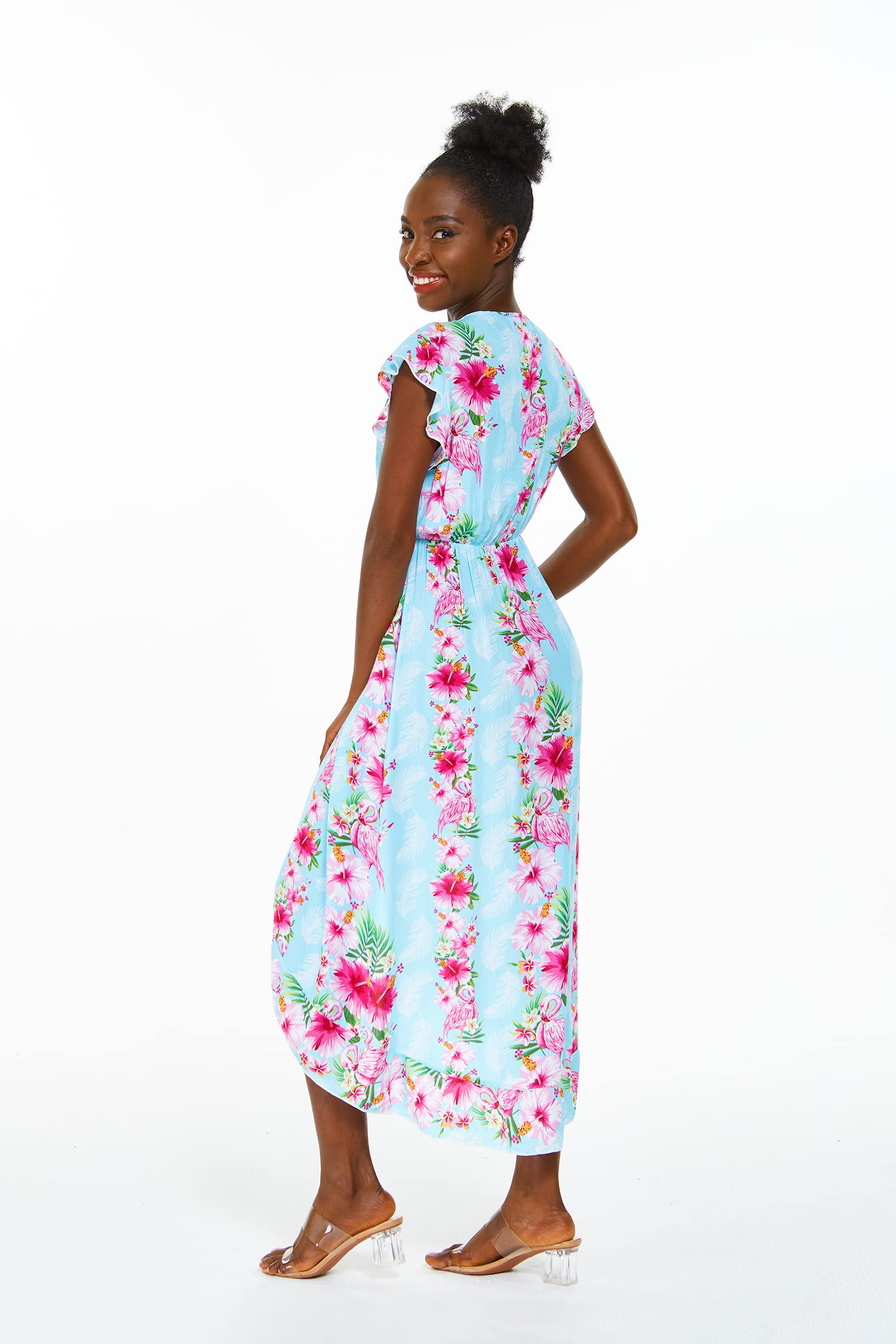 Hawaiian Luau Wrap Ruffle Dress for Women - Floral Hibiscus Vine Print - Perfect for Beach Parties, Summer Vacations & Tropical Getaways