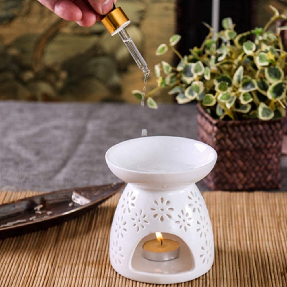 Ceramic Wax Warmer with Flower Pattern - Aromatherapy Essential Oil Burner & Scented Candle Diffuser for Home, Bedroom Decor - Perfect for Relaxation and Stress Relief