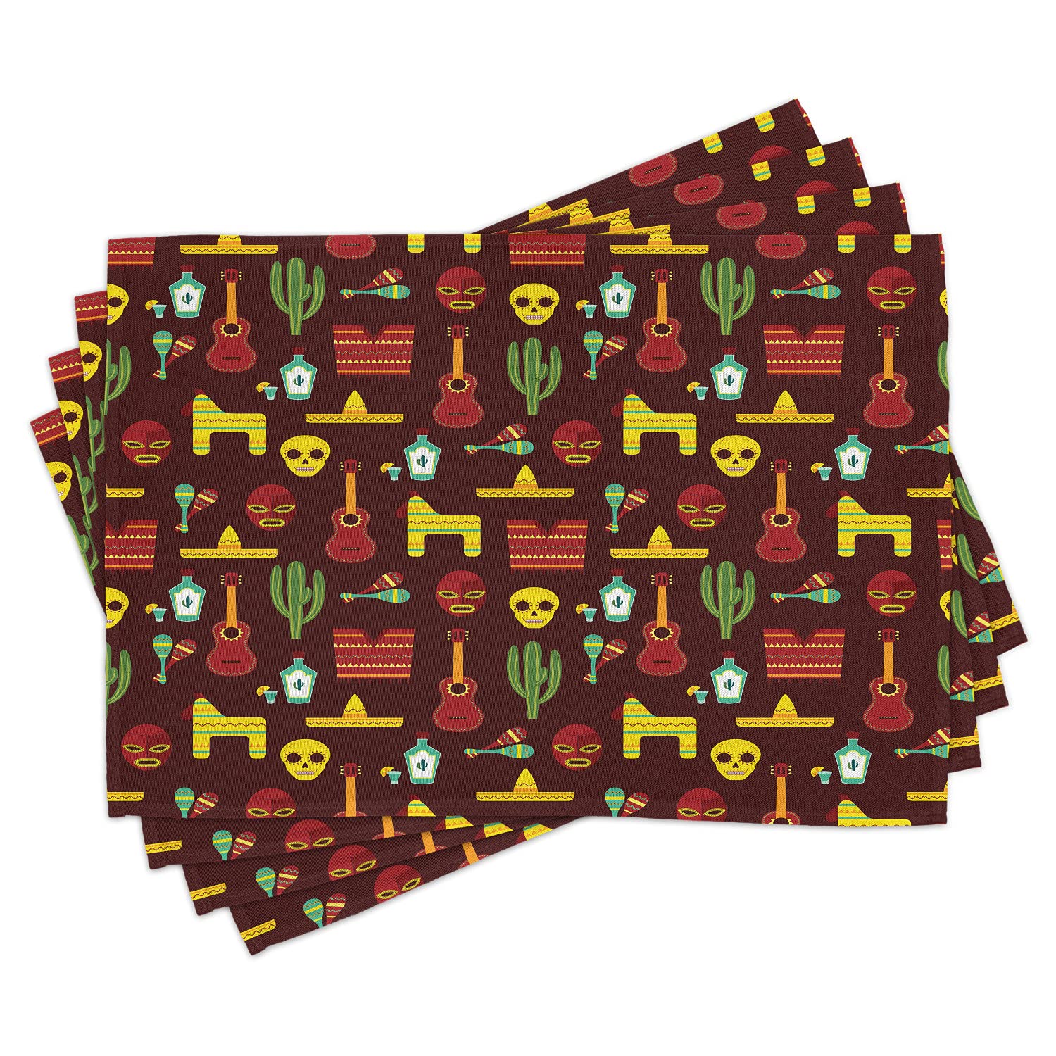 Ambesonne Mexican Place Mats Set of 4 - Traditional Cultural Design with Music, Tequila & Saguaro Cactus Patterns | Washable Fabric Table Mats for Dining Room & Kitchen Decor | Perfect for Mexican-Themed Parties, Family Dinners & Home Styling