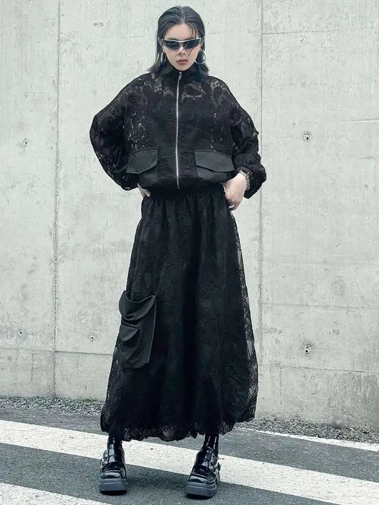 Elegant Black Lace Jacket & Pocket Skirt Two-Piece Set with Stand Collar & Long Sleeves - Women's Fashion Outfit for Spring & Fall 2025 (Style 1DJ0248) | Perfect for Office Wear, Date Nights & Special Occasions