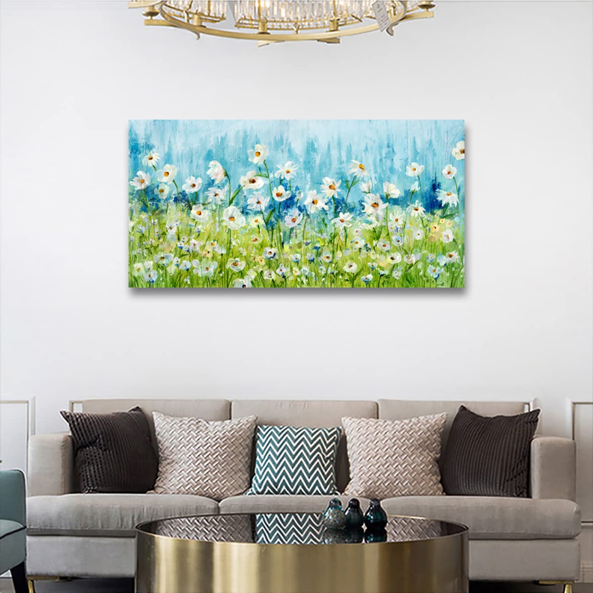 Blue Daisy Floral Canvas Wall Art - 24x48 Inch Framed Abstract Flower Painting with Green Grass Landscape - Modern Home Decor for Living Room, Bedroom, Kitchen & Office | Perfect Gift for Housewarming & Interior Design