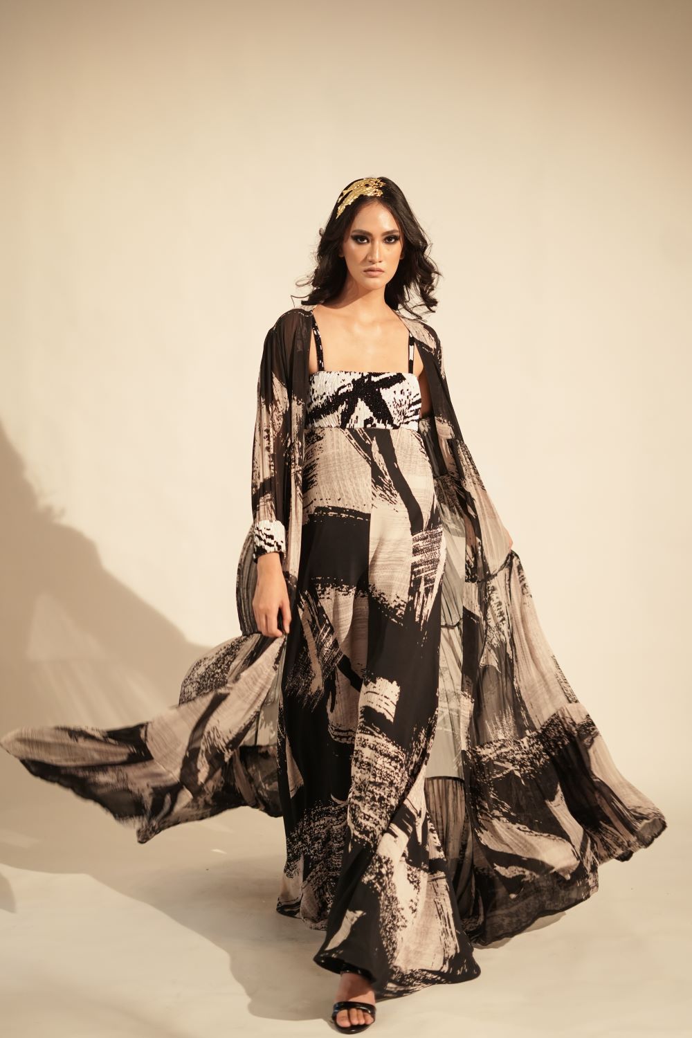 Black and White Stroke Print Jacket with Glass Bead Embellished Cuffs | Stylish Fashion Outerwear for Women | Perfect for Parties, Dates, and Night Out Events