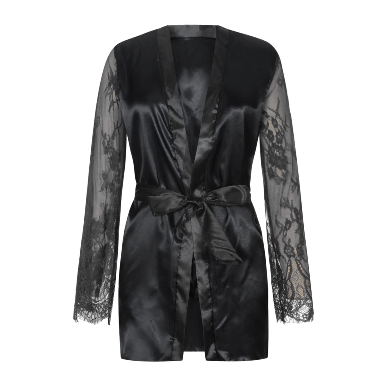 HGps8w Women's Satin Kimono Robe - Sexy Silk Nightgown with Lace Sleeves & Belt | Solid Color Babydoll Lingerie Cardigan for Lounge, Sleepwear & Boudoir Photography