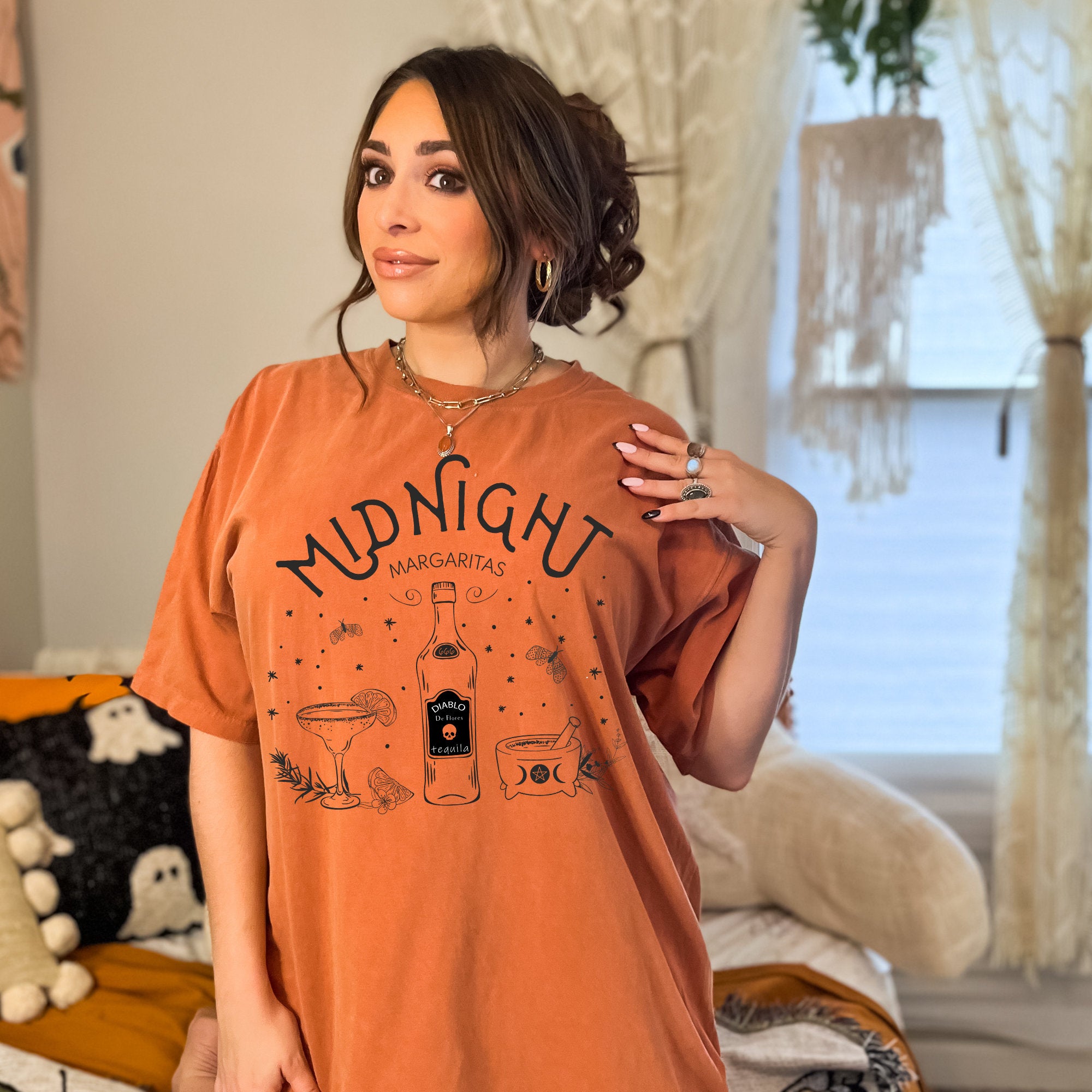 Midnight Margaritas Witchy Halloween Shirt | Practical Magic Tee with Witch Vibes | Halloween Witches & Tequila Themed T-Shirt for Women | Perfect for Halloween Parties, Witch Gatherings & Casual Wear