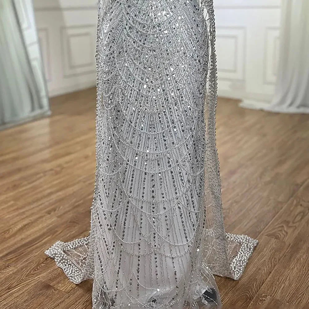 Luxury Dubai Saudi Arabia Blue Mermaid Cape Sleeve Beaded Evening Gown LA72160A - Elegant Formal Dress for Prom, Gala & Red Carpet Events