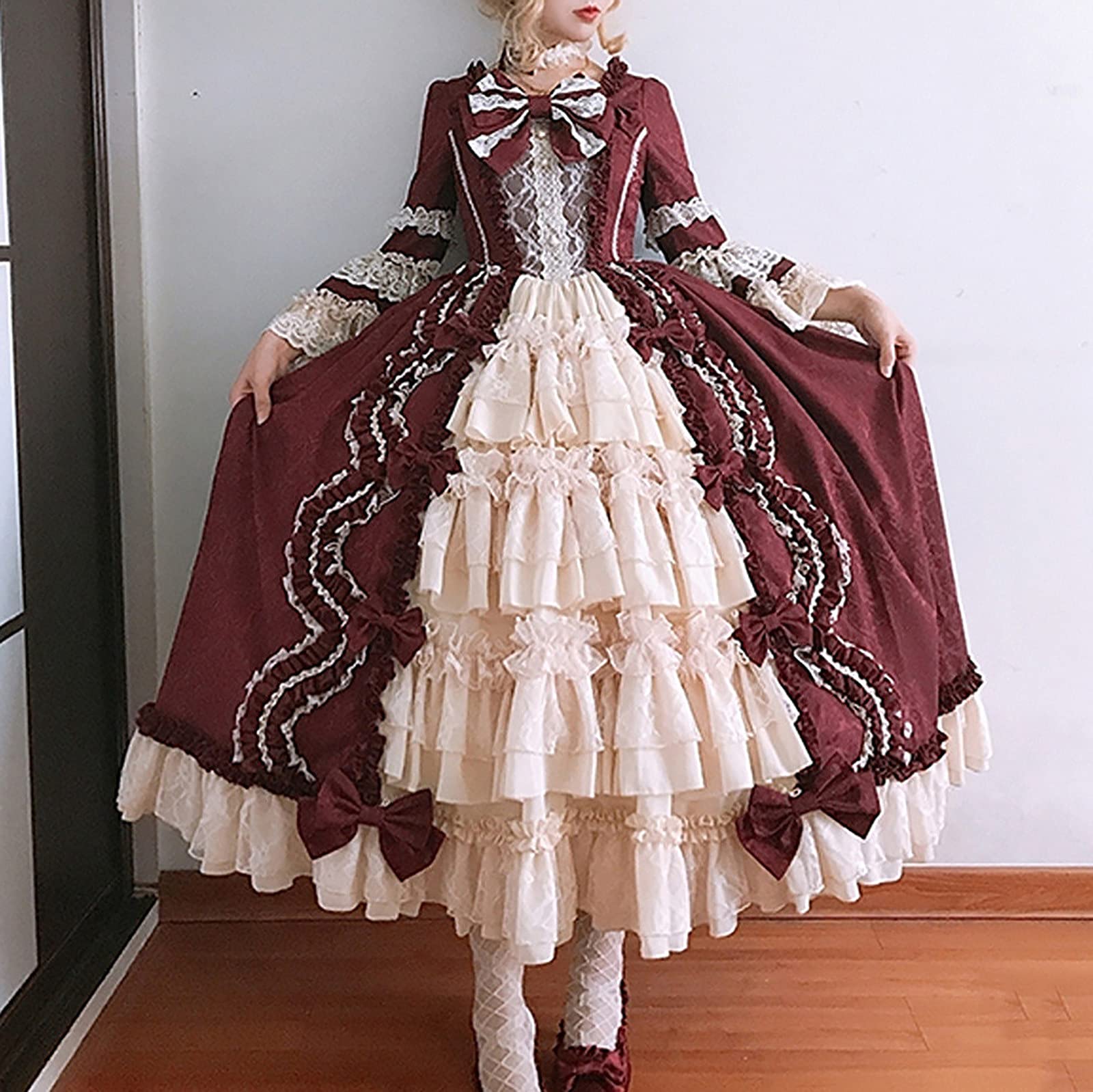 INESVER Women's Medieval Lolita Cosplay Dress - Elegant Ruffled Swing Long Sleeve Princess Costume for Renaissance Faires, Halloween & Cosplay Events