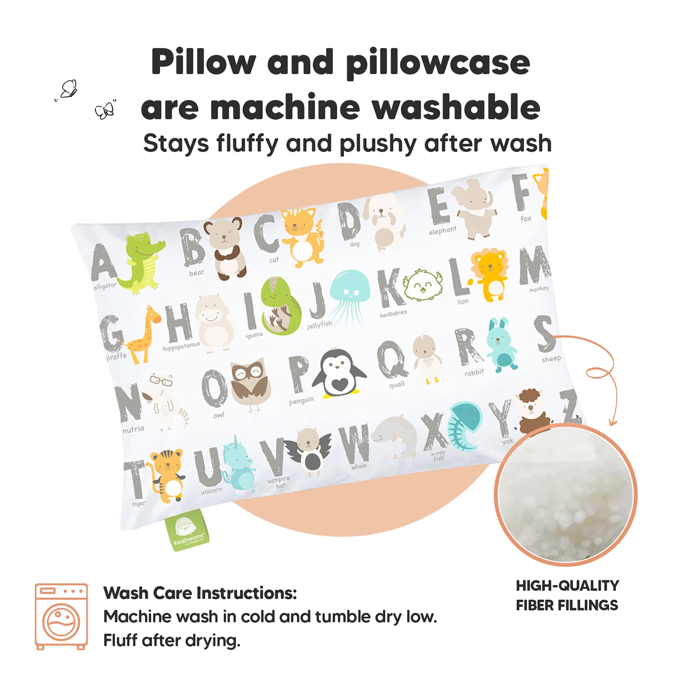 KeaBabies Organic Cotton Toddler Pillow with Pillowcase - 13x18 Inch My Little Dreamy Pillow for Kids Ages 2-5 | Soft & Hypoallergenic Sleeping Pillow for Toddler Bed, Travel & Nap Time | Perfect for Daycare, Car Rides & Airplane Trips