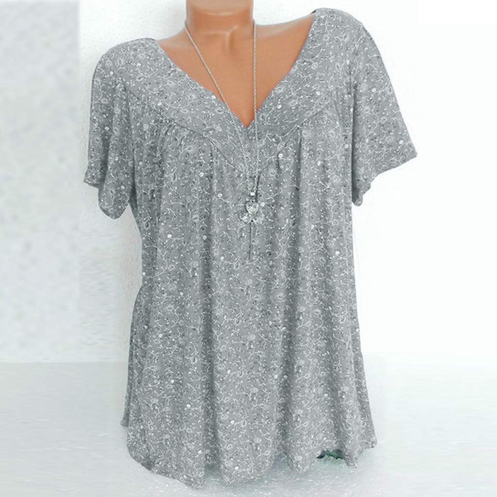 Oversized Flowy Short Sleeve V-Neck Blouse for Women - Pleated Floral Summer T-Shirt & Casual Tunic Top - Plus Size Comfort Wear for Beach, Office & Date Nights