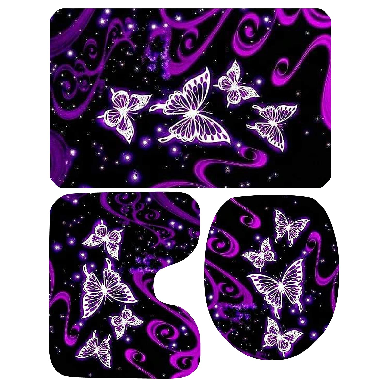 UNICEU 3-Piece Bathroom Rugs Set - Non-Slip Bath Mat, Toilet Lid Cover & Contour Rug with Purple Galaxy Butterfly Print - Soft & Absorbent for Bathroom, Toilet & Shower Floor Decor