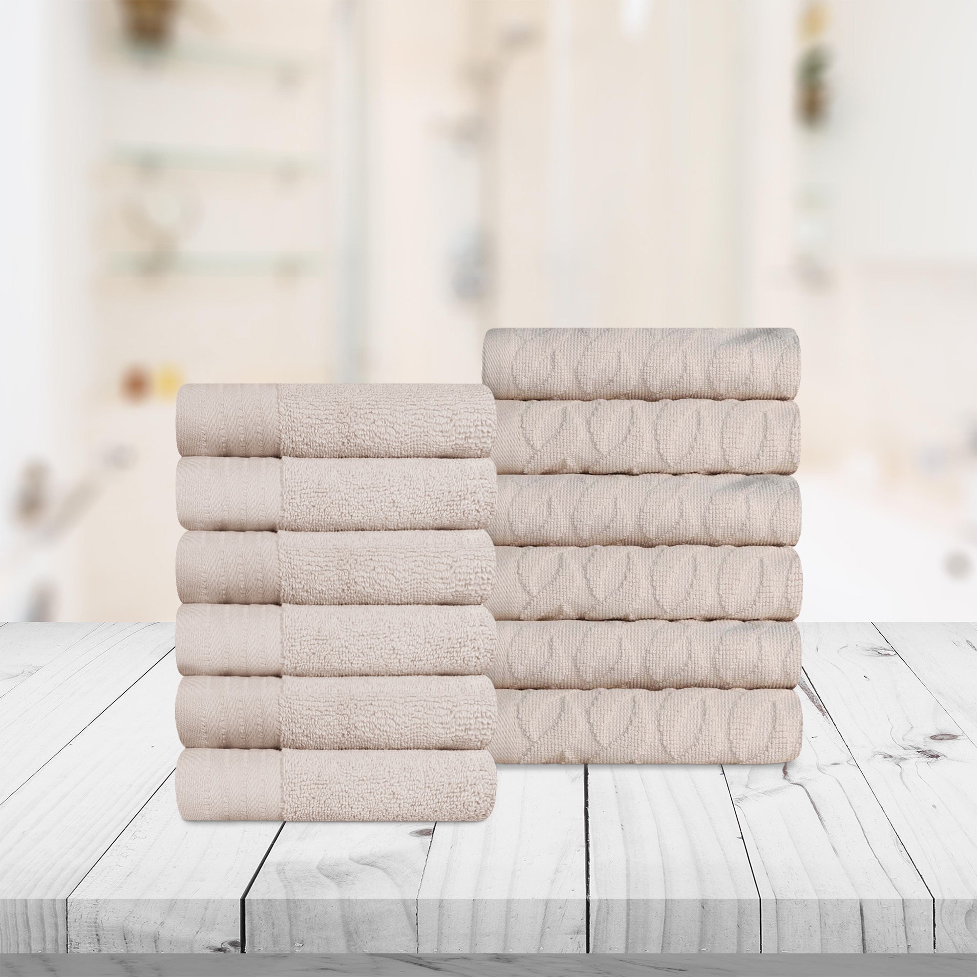 Premium 12-Piece Turkish Cotton Face Towel Set - Jacquard Herringbone & Solid Design | Soft & Absorbent for Bathroom, Spa, Gym & Travel