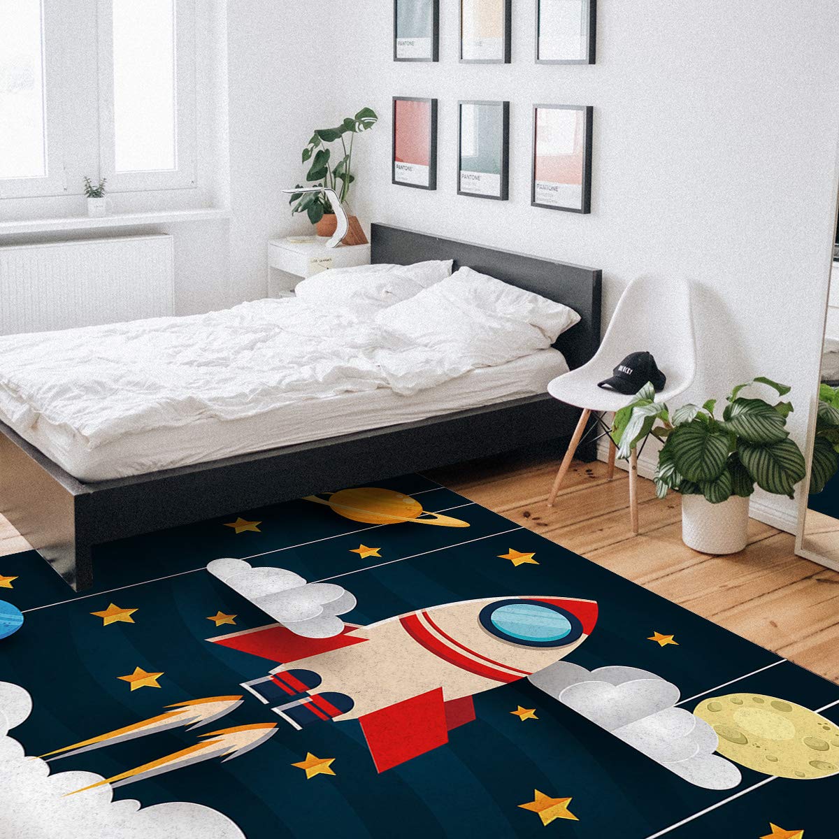Soft Modern Kids Area Rug - Space Exploration Rocket & Spaceship Pattern - Non-Slip Nursery Rug for Boys Girls Bedroom, Playroom, Living Room - Perfect for Home Decor, Play Areas & Cozy Floor Covering