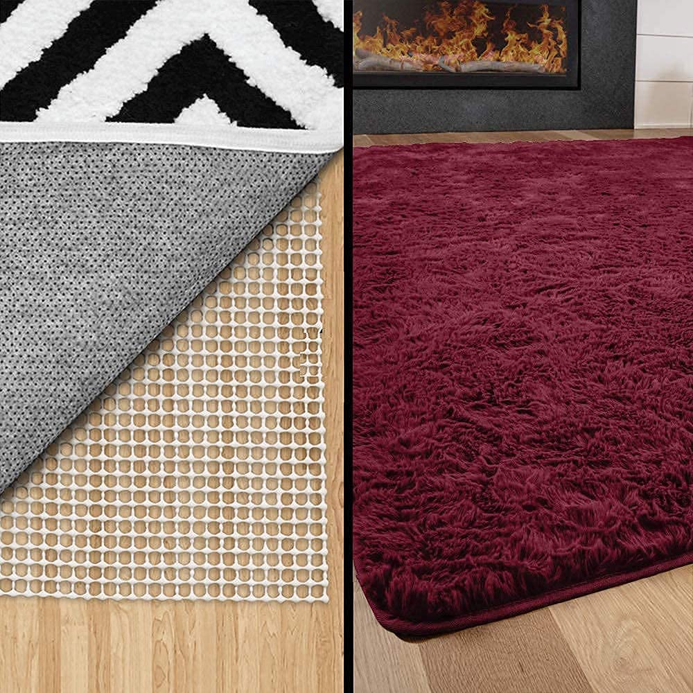 Gorilla Grip Non-Slip 5x8 Rug Pad & Soft Fluffy 5x8 Area Rug Bundle - Wine Color for Hardwood Floors - Perfect for Living Room, Bedroom & Home Decor