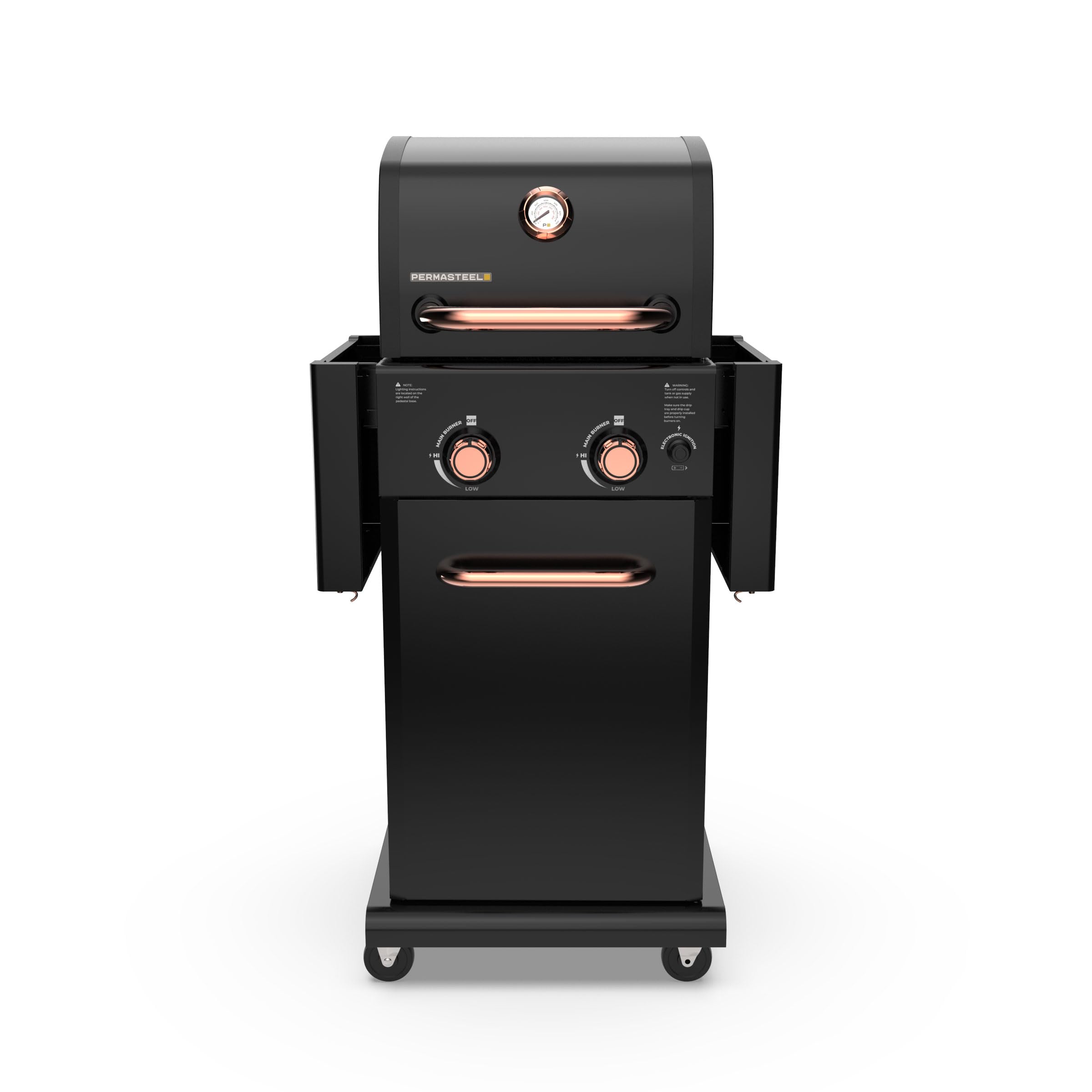 Premium Permasteel 2-Burner Propane Gas Grill with Foldable Side Shelves & Tool Hooks - Outdoor BBQ Grill for Backyard, Patio, Camping & Tailgating - Durable Black/Copper Design - Perfect for Family Gatherings & Summer Cookouts