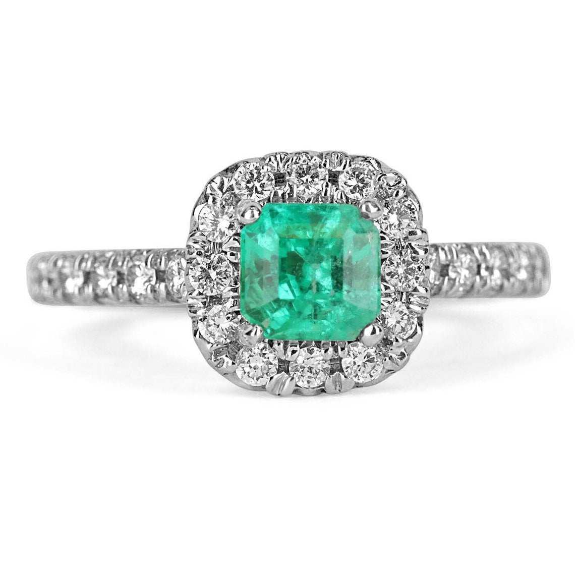 1.71tcw Square Emerald & Round Diamond Pave Halo Engagement Ring 14K White Gold - Elegant Bridal Jewelry for Proposals, Weddings & Anniversaries
