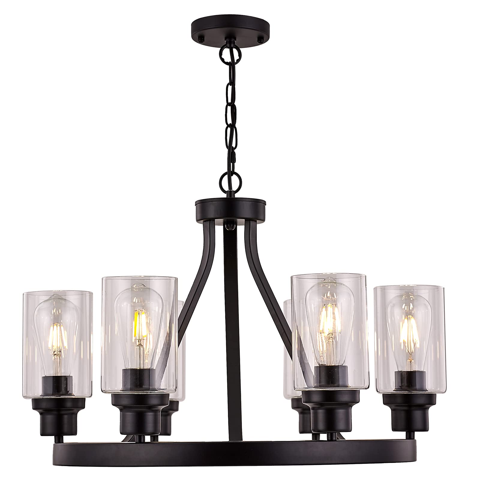 Farmhouse Black 6-Light Chandelier with Glass Shade - Rustic Dining Room Lighting Fixture for Kitchen Island, Living Room & Bedroom | Perfect for Country-Style Home Decor and Cozy Ambiance