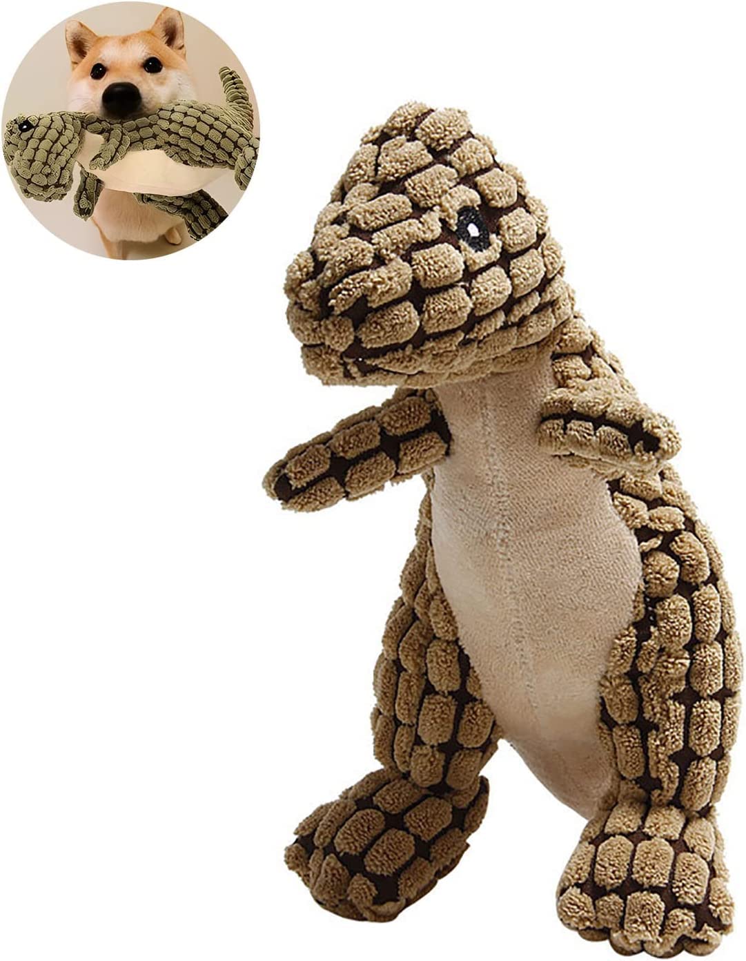 SHWORON 2023 Indestructible Durable Dinosaur Dog Toy for Aggressive Chewers - Squeaky Plush Chew Toy for Large & Small Dogs - Interactive Tough Dino Toy (Small, Brown) - Perfect for Playtime, Training & Teething Puppies