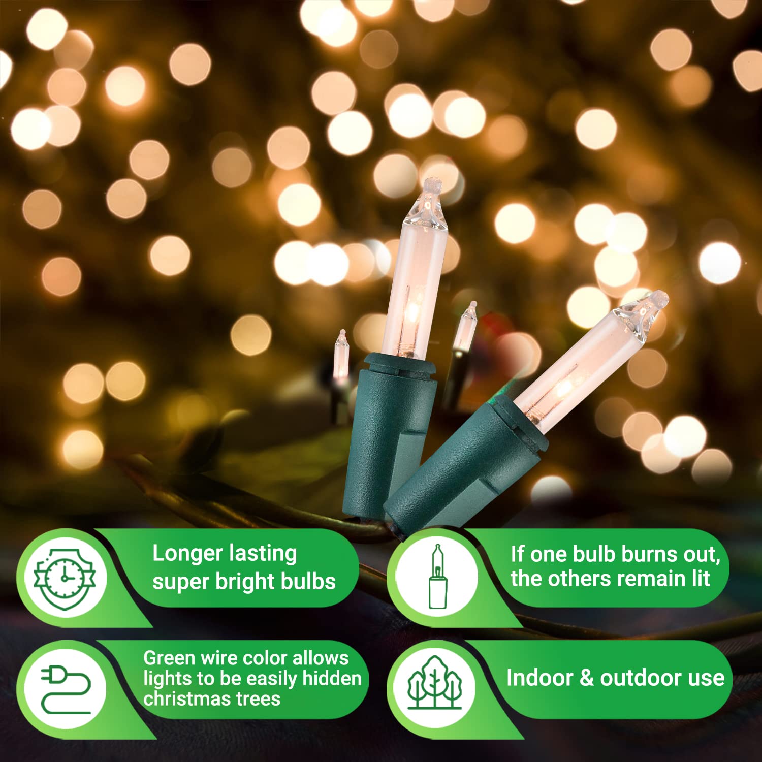 Tupkee 300-Count Christmas String Lights - 62ft Incandescent Mini Clear Warm White Holiday Lights for Indoor & Outdoor Decor - Perfect for Christmas Trees, Parties, and Festive Home Decoration