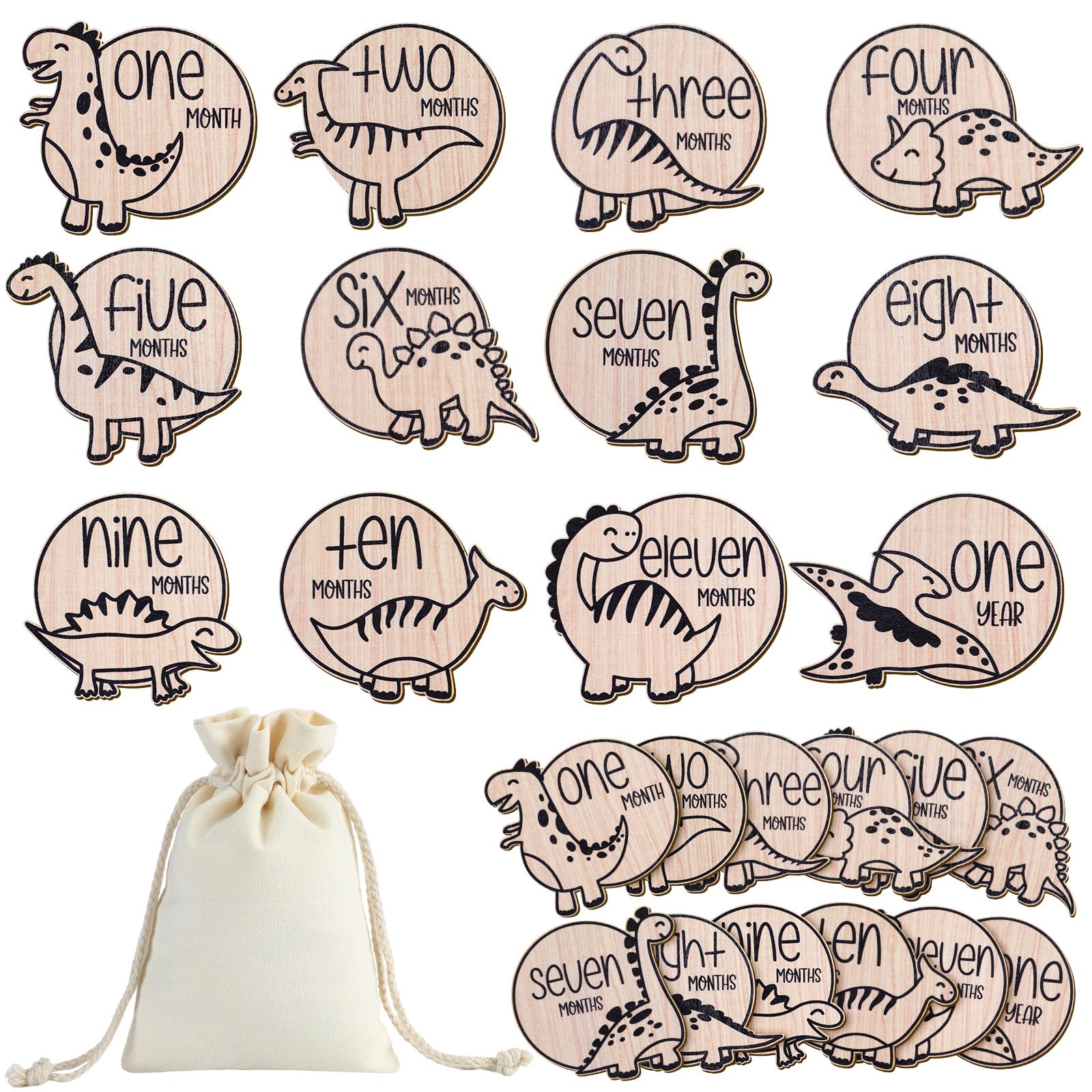 Wesiti 12 Pcs Wooden Baby Milestone Cards with Linen Bag - Monthly Growth Tracker Discs for Newborn Photography, Pregnancy Announcement & Baby Shower Gifts (Dinosaur Theme) - Perfect for Capturing Precious Moments & Creating Lasting Memories