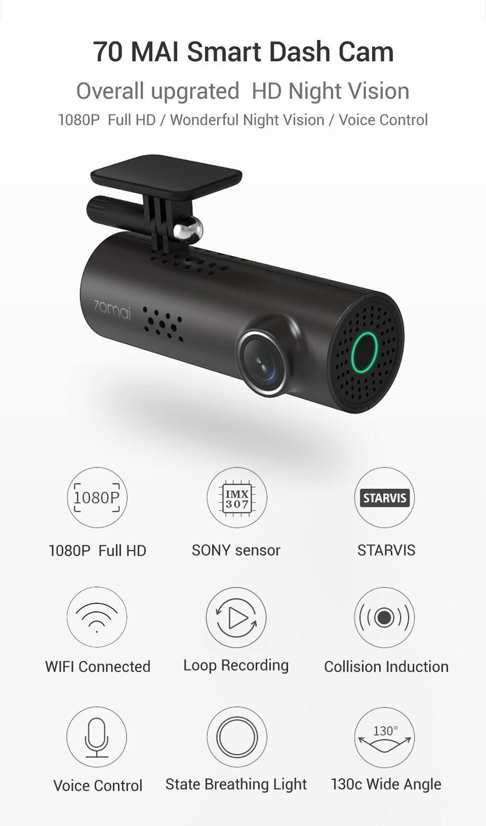 Xiaomi 70Mai Smart WiFi Dash Cam - 1080P HD Car DVR with Night Vision & Parking Mode | Perfect for Road Trips, Uber/Lyft Drivers & Vehicle Security