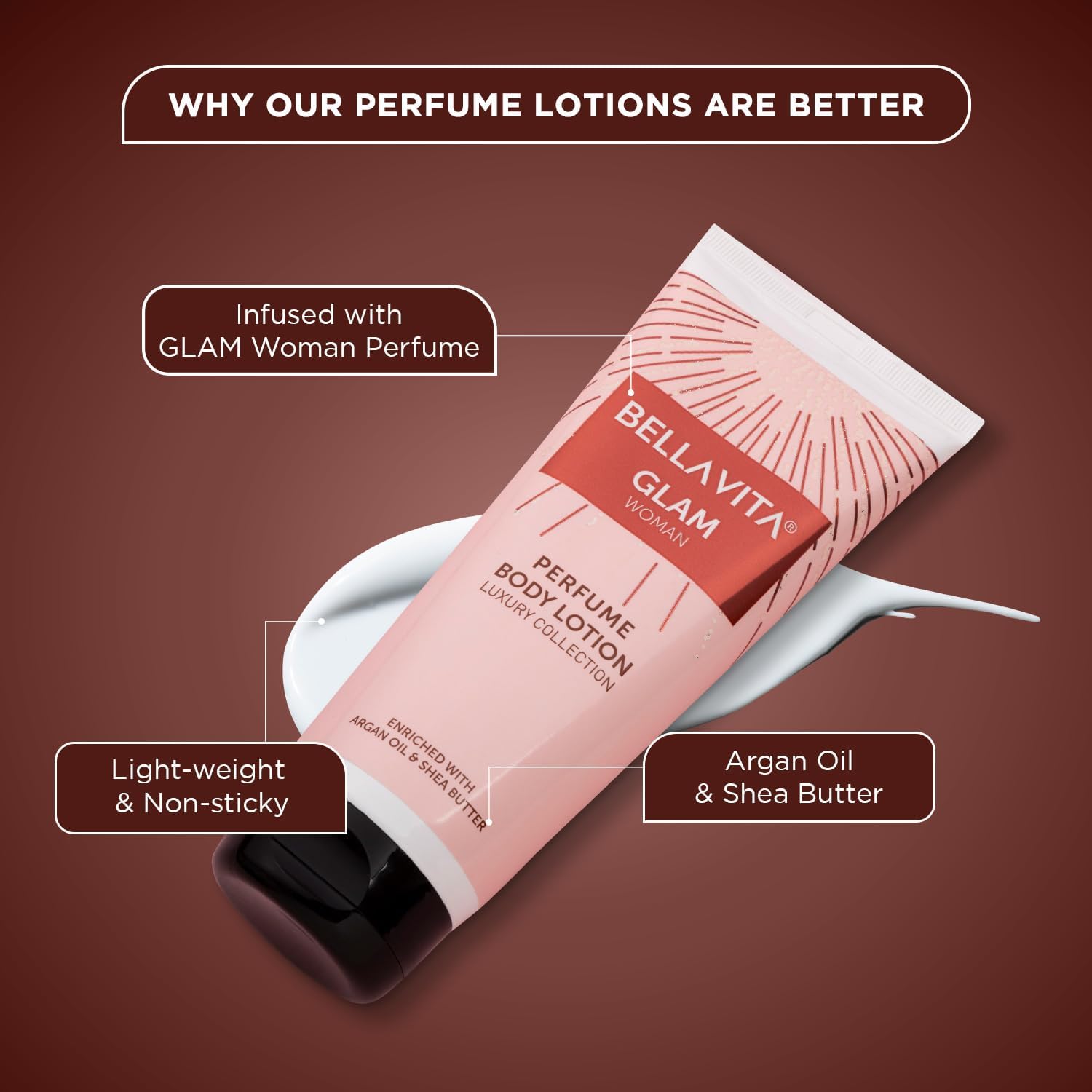 Bella Vita Luxury Glam Women's Perfumed Body Lotion - Hydrating & Nourishing with Argan Oil & Shea Butter (200ml) for Soft, Supple & Healthy Skin | Perfect for Daily Moisturizing, Gift Giving & Self-Care Rituals