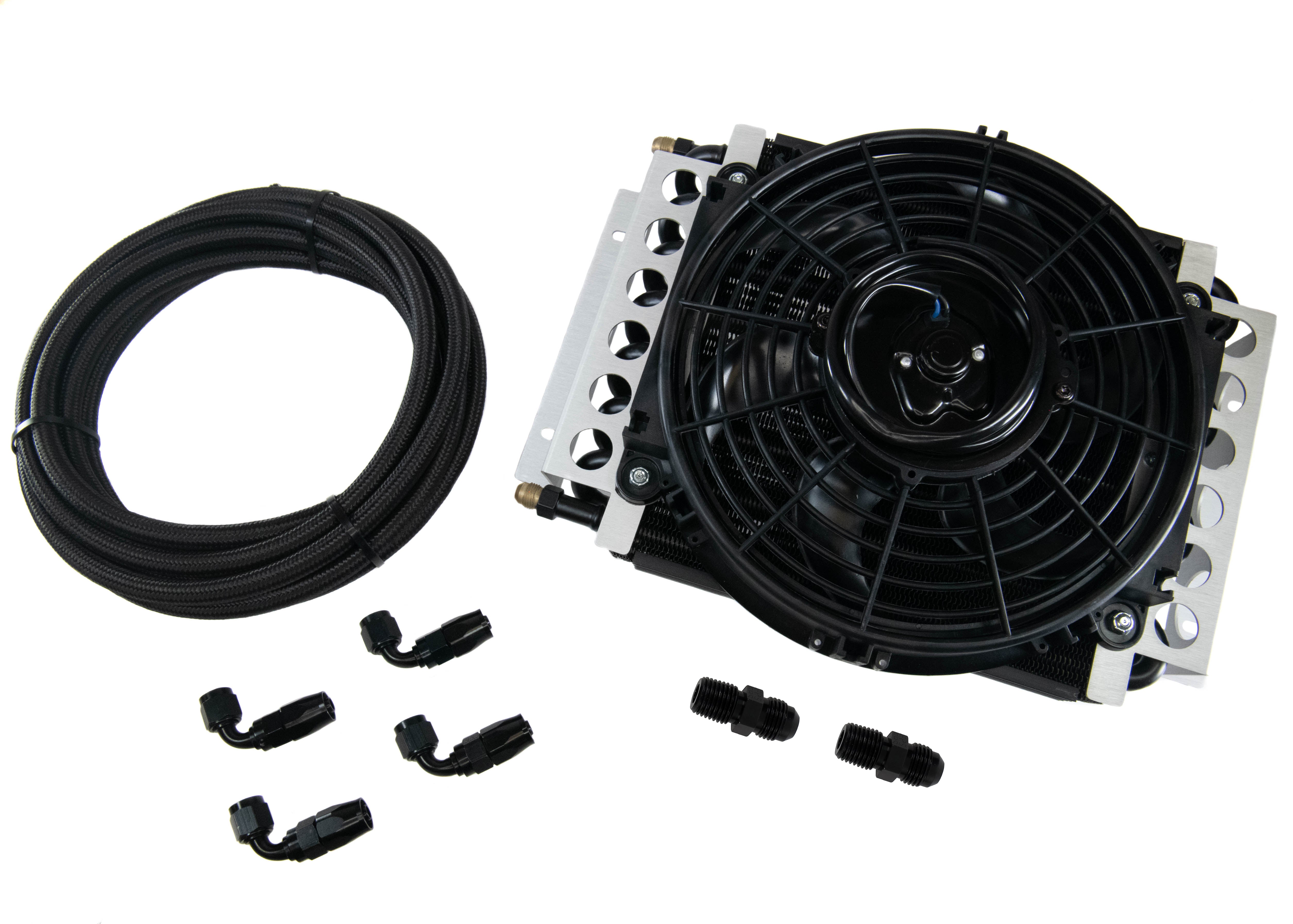 High-Performance Aftermarket DERALE Powerglide Transmission Cooler Kit with Fan & Fragola Lines/Fittings - Perfect for Towing, Racing & High-Temperature Driving Conditions