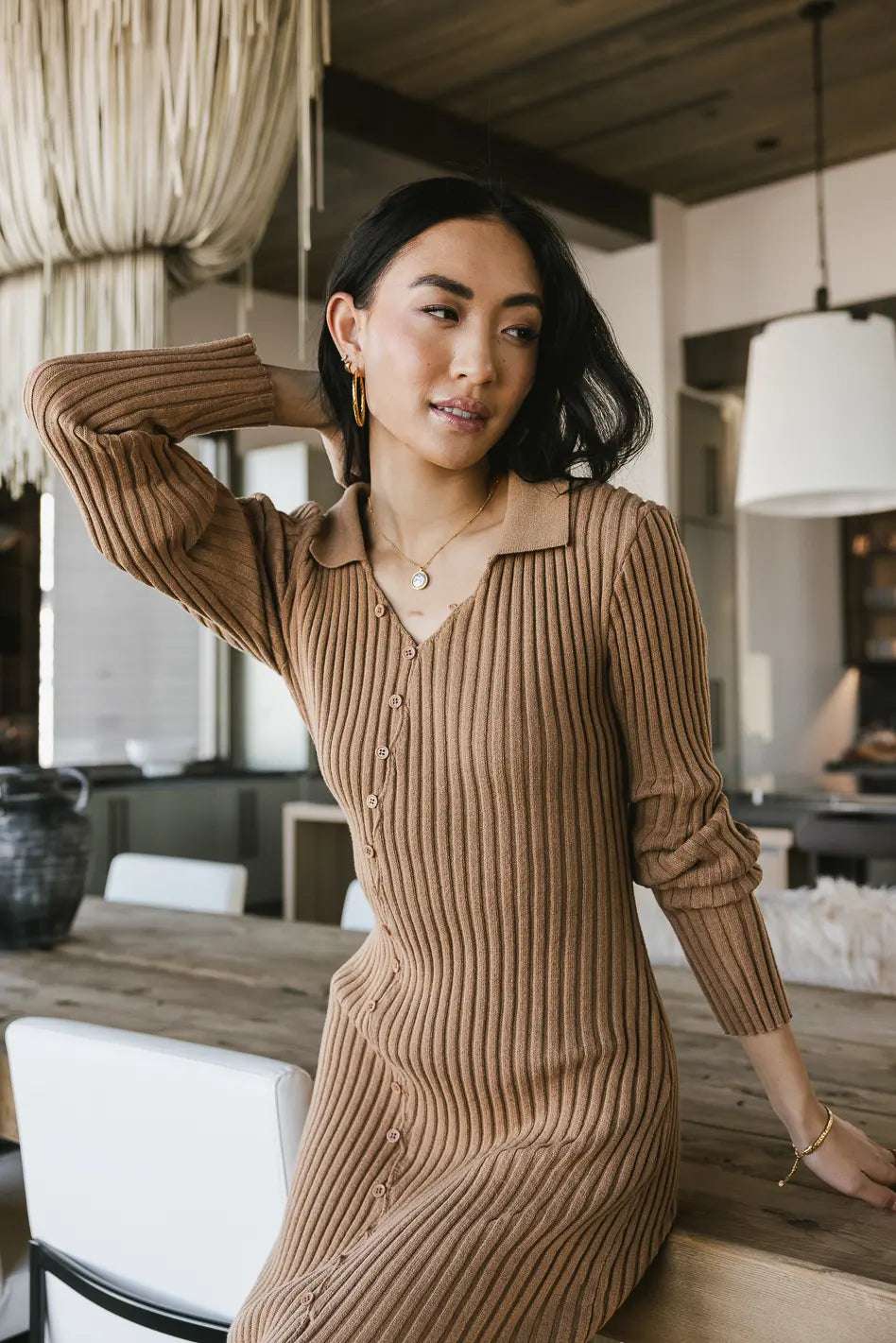 Larissa Ribbed Knit Camel Dress for Women - Elegant Bodycon Midi Dress for Casual Outings, Parties, and Office Wear