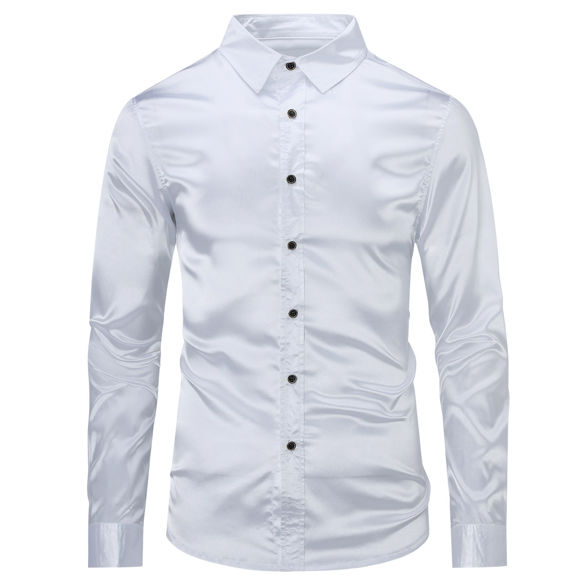 Stylish Men's Shiny Long Sleeve Lapel Dress Shirt - White Formal & Casual Button Down Shirt for Office, Party & Date Night Outfits