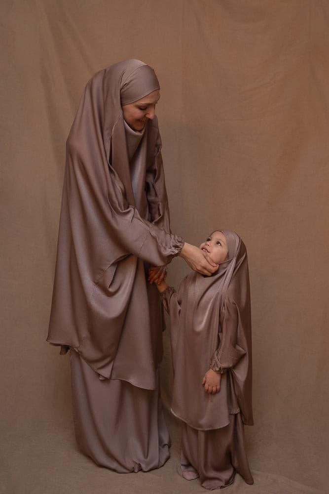 Kids Coffee Satin Prayer Dress with Adjustable Khimar - Islamic Prayer Outfit for Girls - Perfect for Eid, Ramadan & Mosque