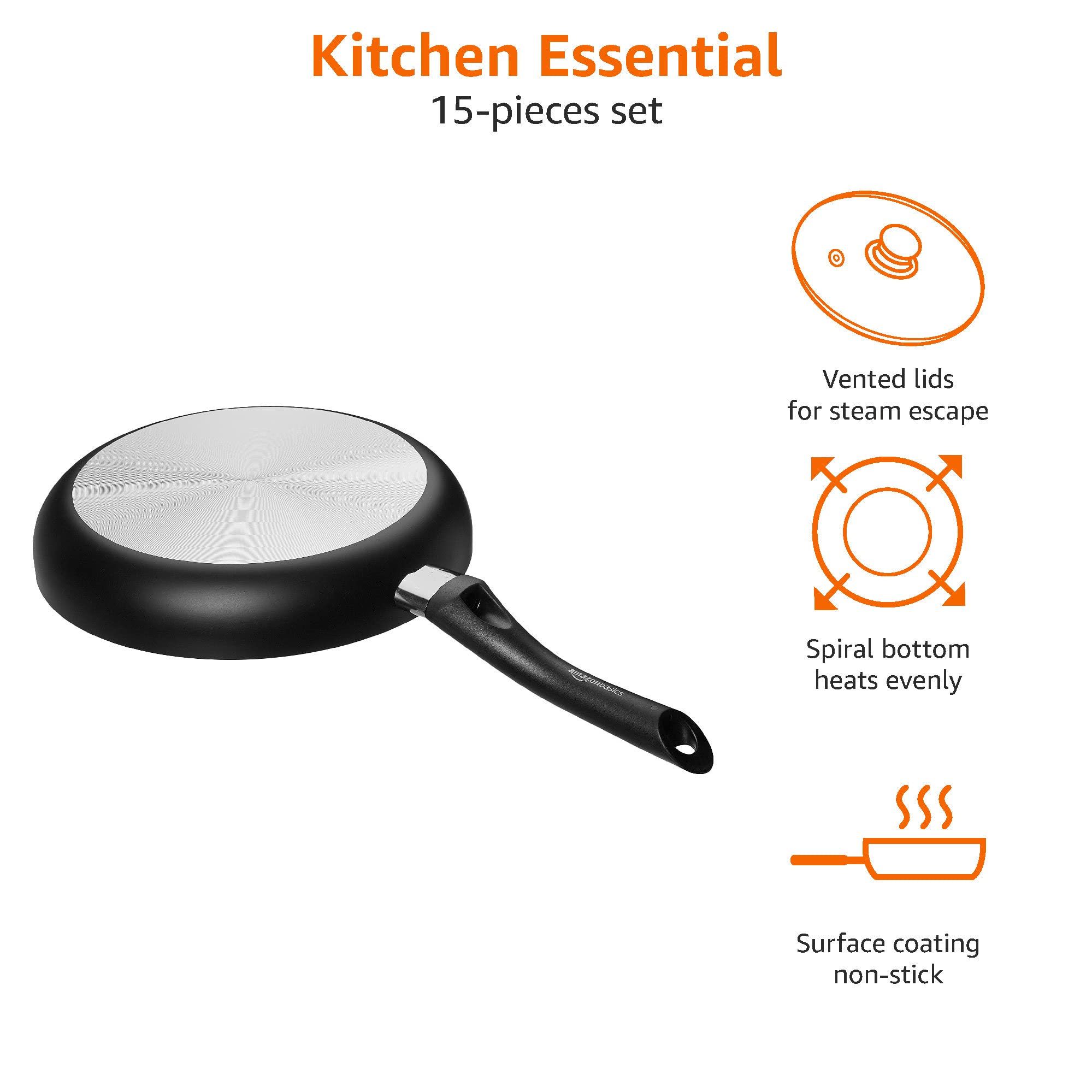Amazon Basics Non-Stick 15-Piece Cookware Set with Pots, Pans & Utensils + 16-Piece White Dinnerware Set (Plates, Bowls, Mugs) - Service for 4 | Perfect for Family Dinners, Entertaining Guests & Everyday Cooking