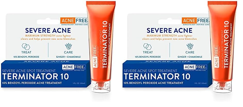 AcneFree Terminator 10 Maximum Strength Acne Spot Treatment with 10% Benzoyl Peroxide - Fast-Acting Acne Cream for Face & Body - 1 Oz (Pack of 2) - Perfect for Teen & Adult Acne, Blemishes & Breakouts