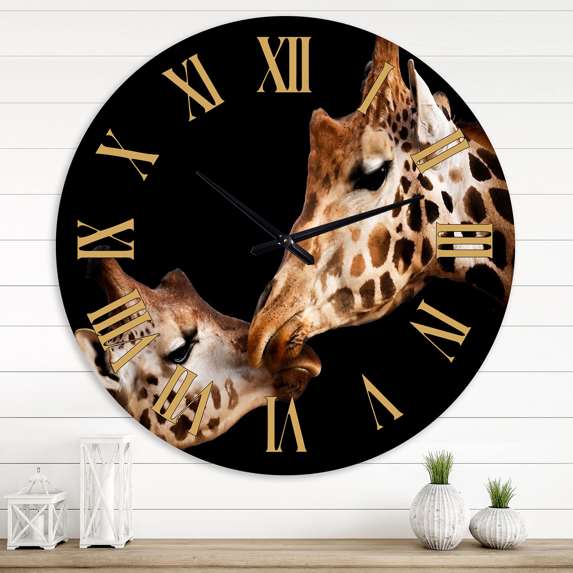 Farmhouse Wall Clock with 'Portrait of Two Giraffes Kissing II' - Large Animal Themed Decorative Clock for Bedroom, Living Room & Office - Rustic Home Decor Gift Idea