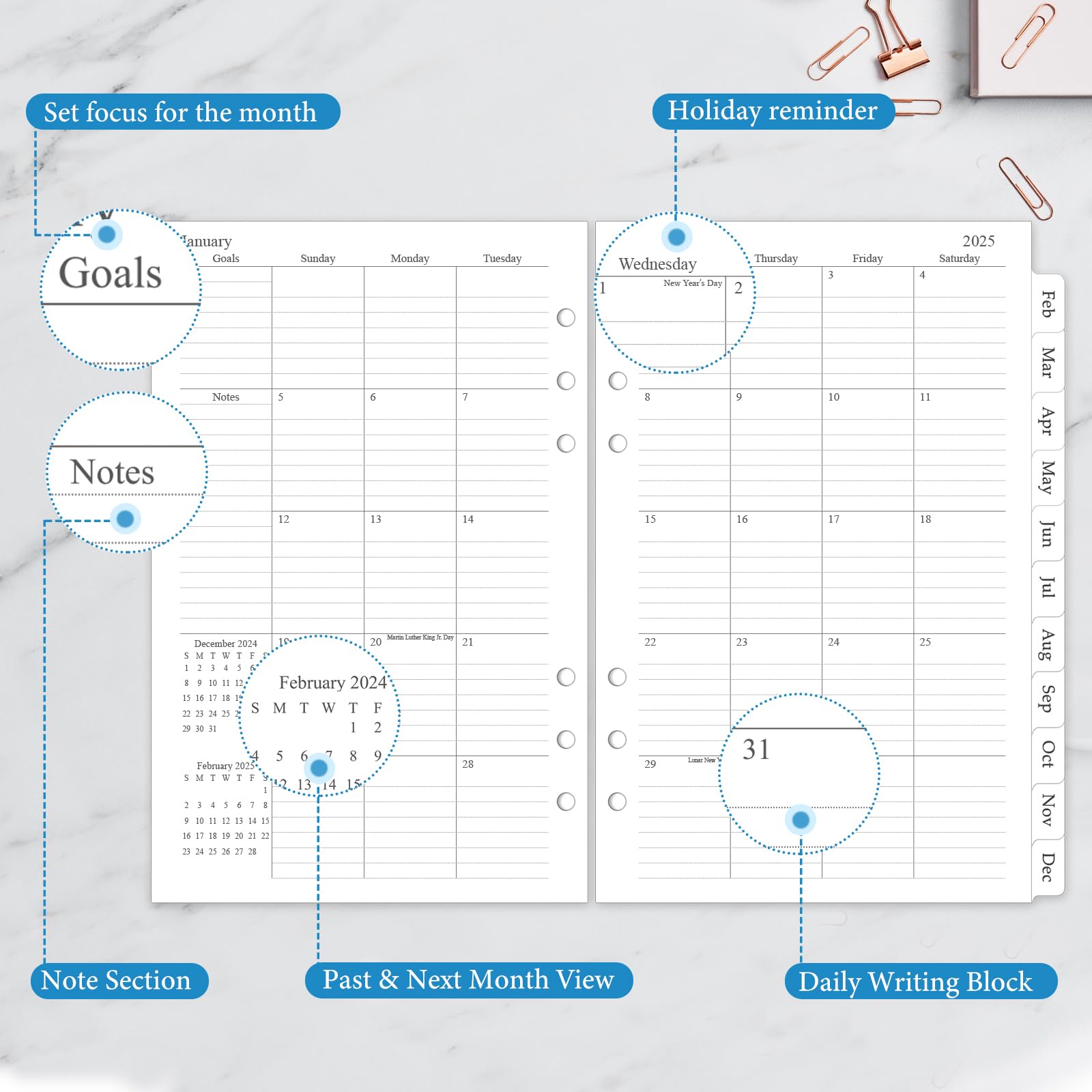 2025 Monthly Planner Refill - A5 6-Hole Planner Inserts with 12 Monthly Calendars & Tabs (5.5